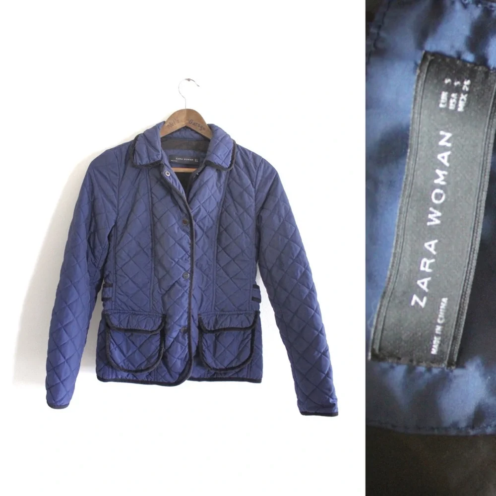 Zara Blue Contrasting Quilted Button Jacket Small Preowned - Picture 2 of 9